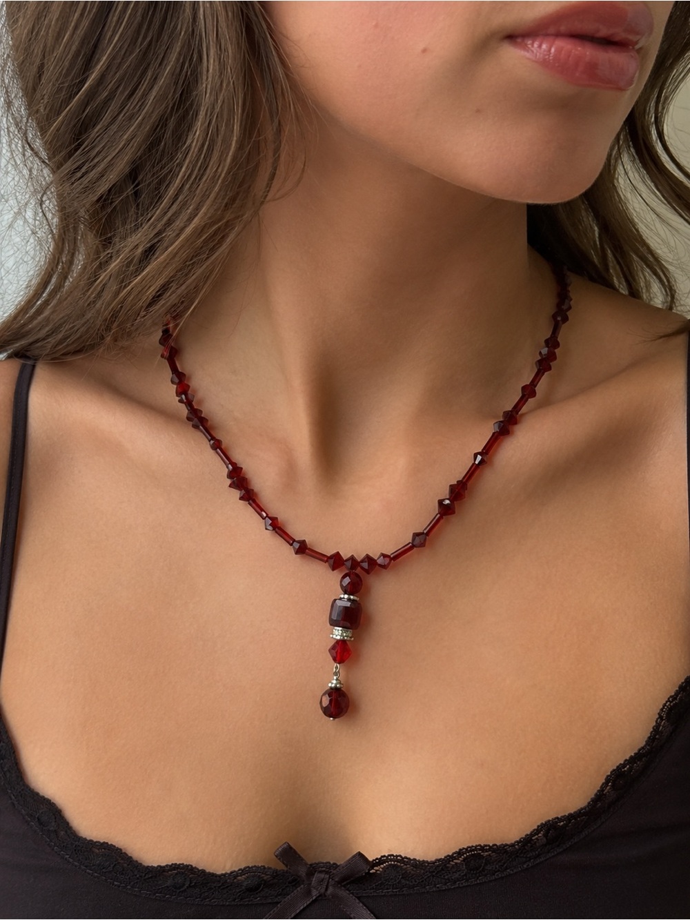 Vintage | Red Crystal Beaded Pendant Necklace